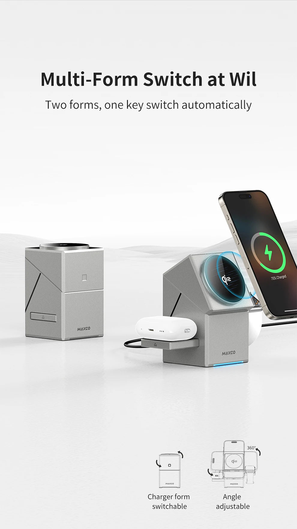 Wireless charger with Auto-Rotating Phone Dock