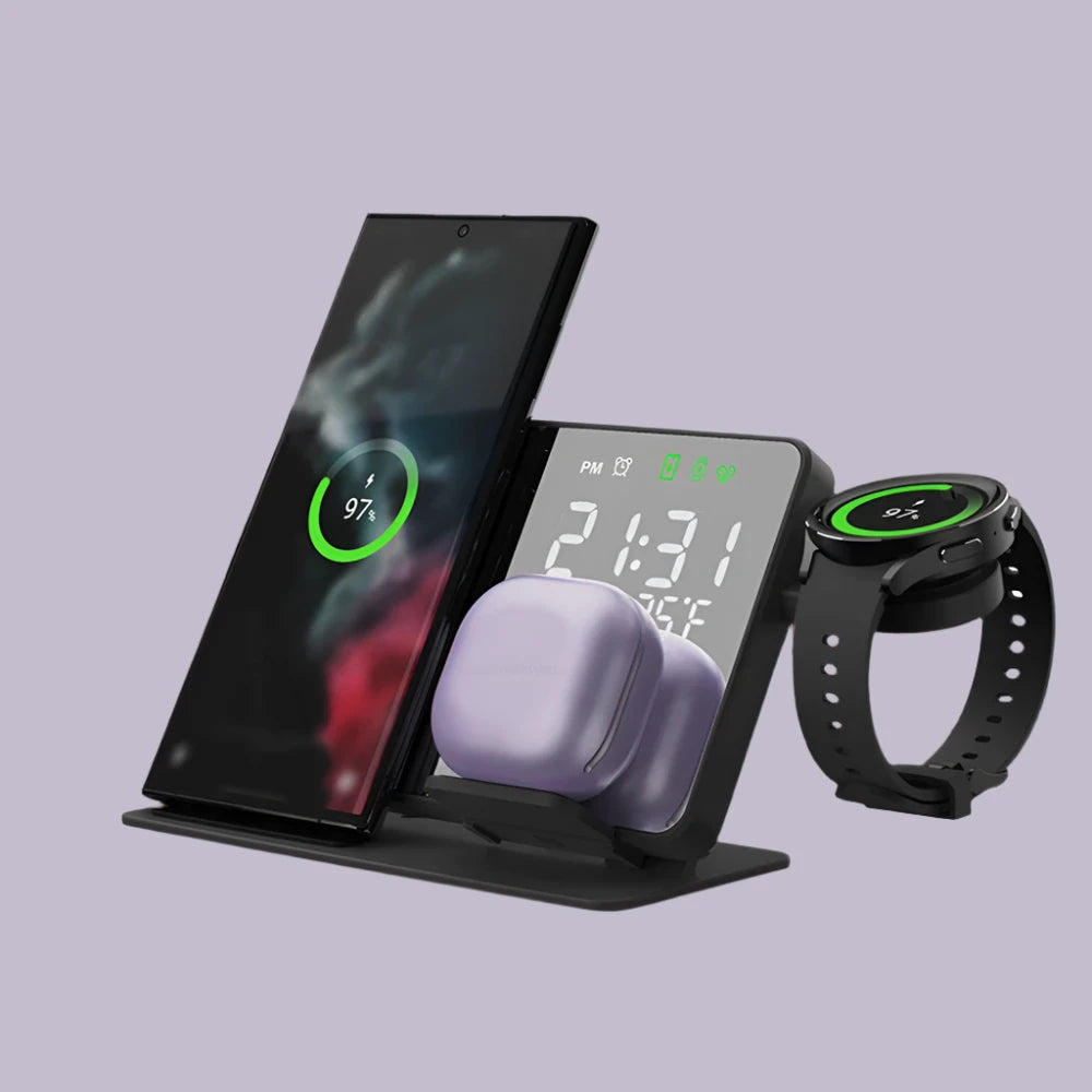 3-in-1 Wireless Charging Station with Alarm Clock for Samsung