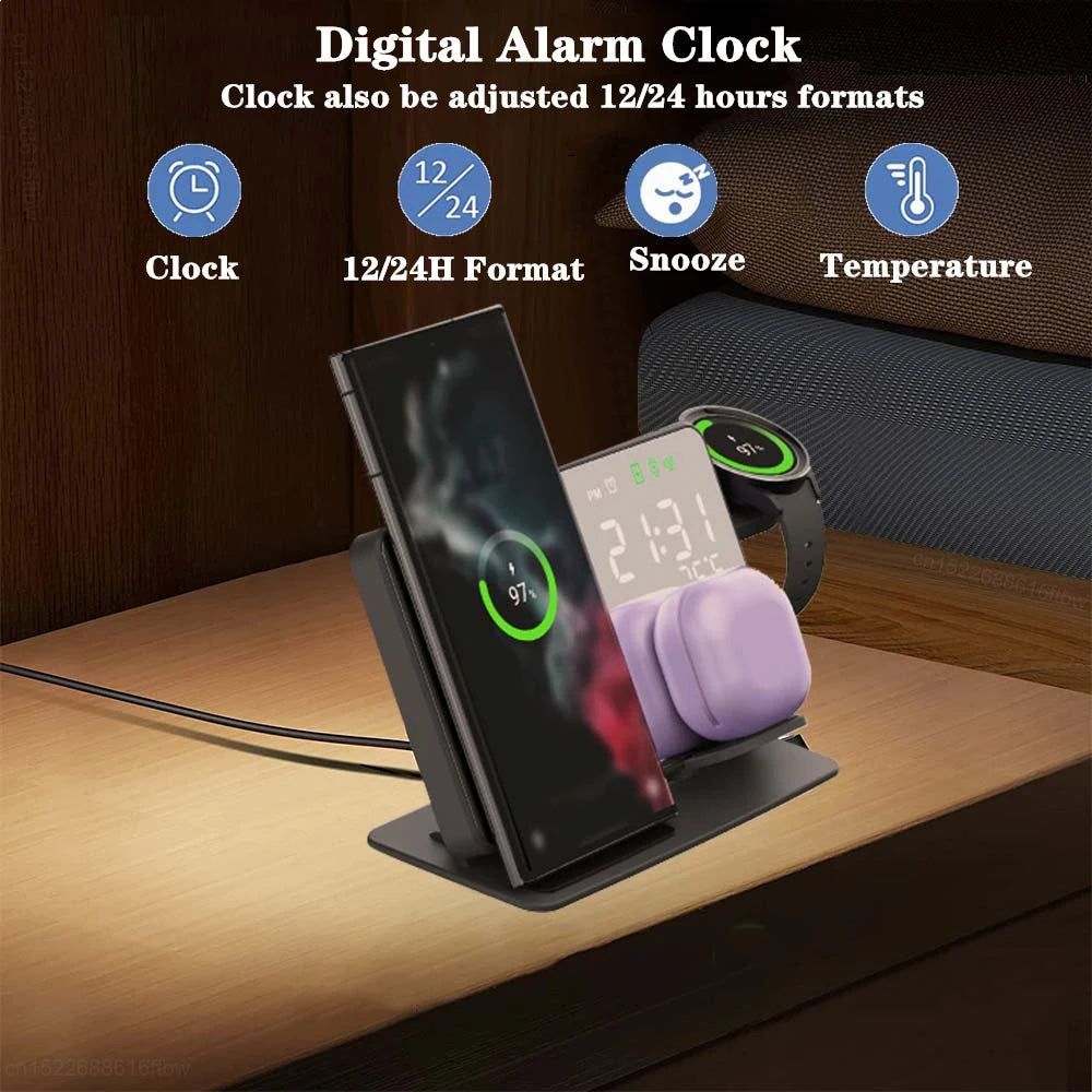 3-in-1 Wireless Charging Station with Alarm Clock for Samsung